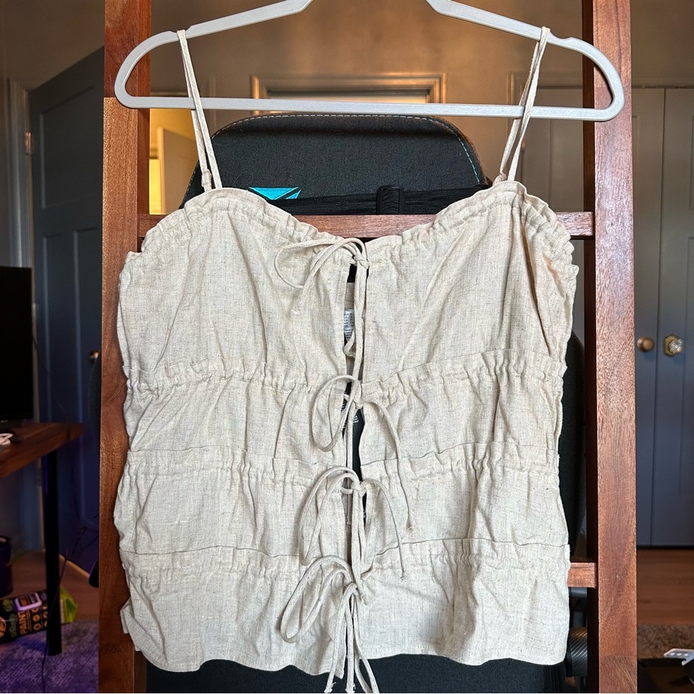 H&M Beige Linen Tie Front Ruched Top with Adjustable straps Size S NWT